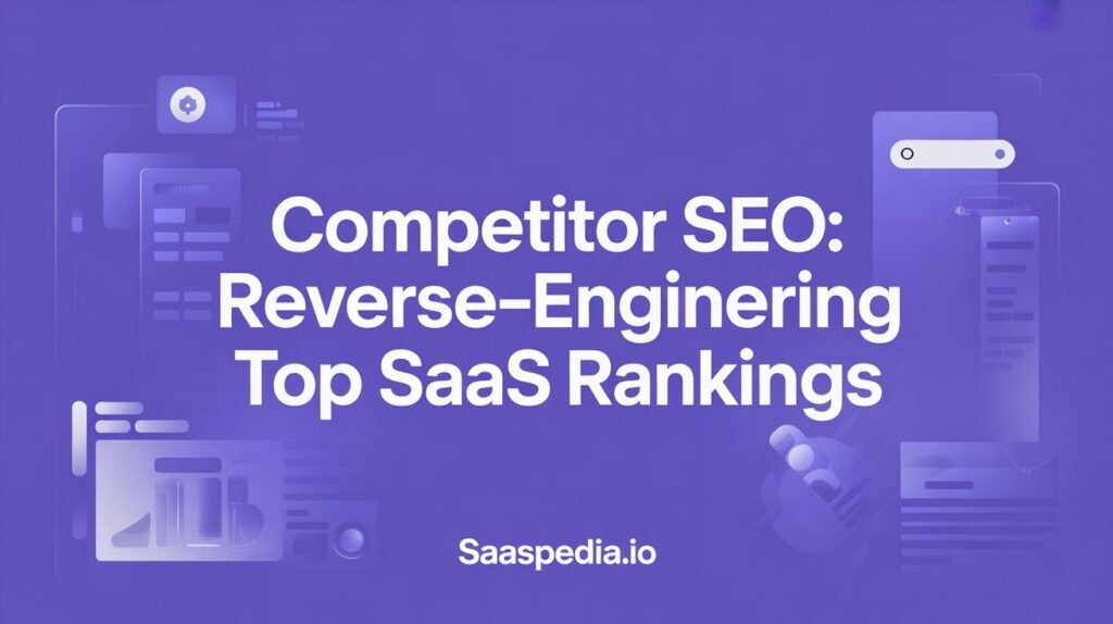 Create a modern, professional feature image with a solid background color of #3c00c9 (deep violet). The title should be prominently displayed in the center: “Competitor SEO: Reverse-Engineering Top SaaS Rankings” Use clean, bold typography style poppins and font 16 in white (#FFFFFF) or a light neutral color for contrast. Add subtle visual elements like SaaS-related icons, abstract tech shapes, or gradients to give it a polished and futuristic look — but keep it minimal and business-oriented. At the bottom of the image, include the text “saaspedia.io” in smaller font, white or light gray, centered or right-aligned. The overall aesthetic should feel modern, trustworthy, and startup-friendly — suitable for a blog or tech website